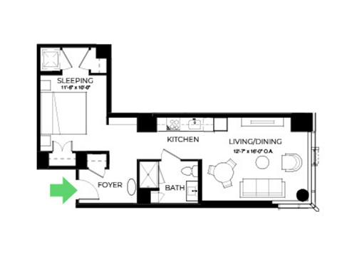Floor plan for studio, 1 bath, 655 sqft